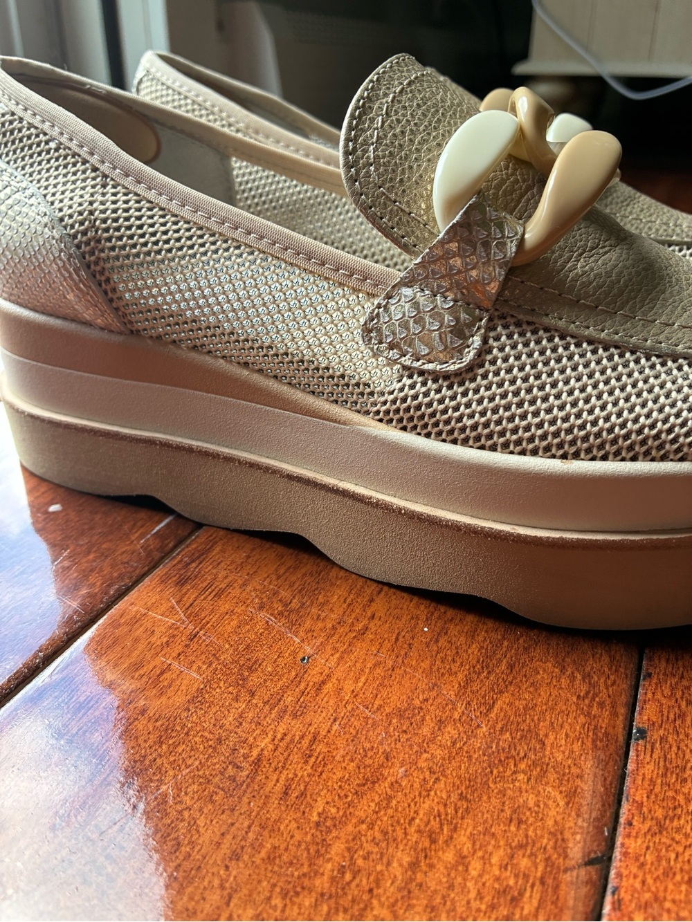 Dolce Vita Tan Mesh Platform Loafers with Chain Detail